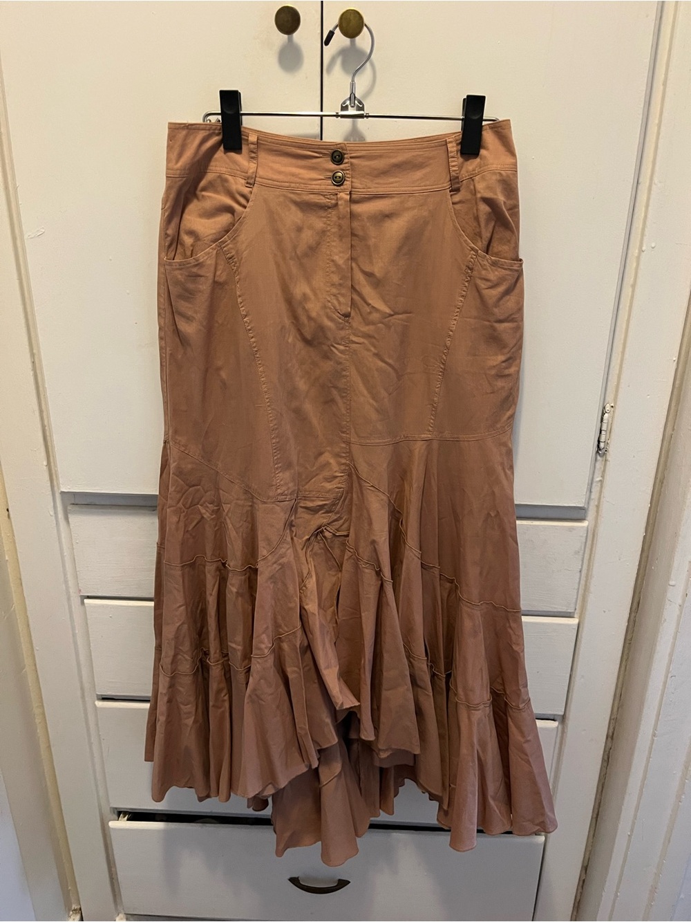 Alberto Makali Boho Cowgirl Hippie Dusty Rose / Tan Midi Tiered Skirt Size 6